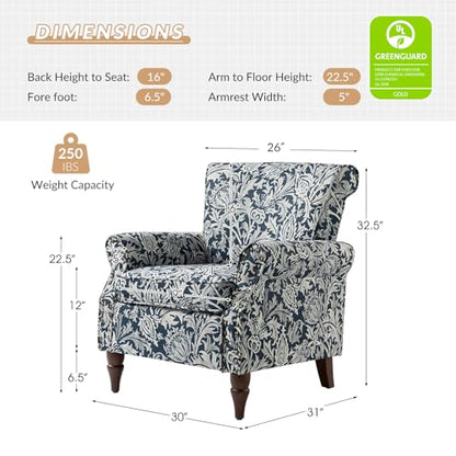 HULALA HOME Traditional Floral Accent Chair with Solid Wood Legs, Navy | Comfy Upholstered Armchair Reading Chair with Rolled Armrests, Nailhead Trim, Removable Cushion, for Living Room Bedroom - color: Navy