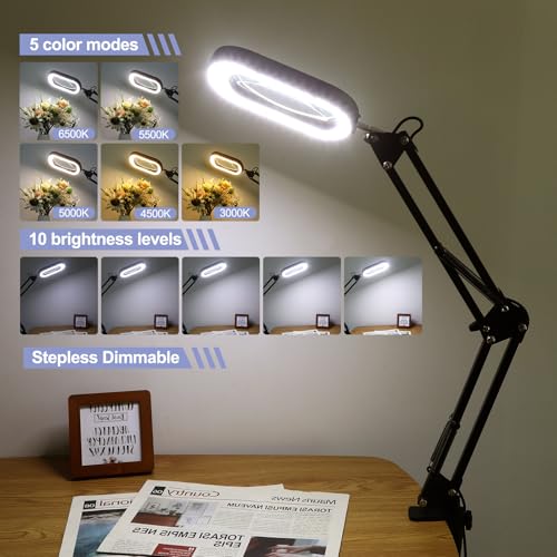 Drdefi 12X Square Magnifying Glass with Light and Stand, Real Glass LED Lighted Magnifier, 5 Color Modes Stepless Dimmable, Hands-Free Mag Desk Lamp with Clamp for Reading Craft Hobby Close Work Black - color: Black, size: 12X Base