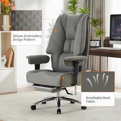 EXCEBET Big and Tall Office Chair 400lbs Wide Seat, Leather High Back Executive Office Chair with Foot Rest, Ergonomic Chairs Lumbar Support for Lower Back Pain Relief (Mesh Light Grey) - color: Mesh Light Grey