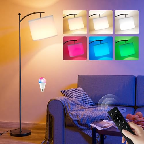 Ambimall Floor Lamps with Smart Light Bulb, RGB + Color Temperatures Bright Dimmable Smart Floor lamp(White Shade & Black Pole) - color: White & Black, size: 60.0 Inches
