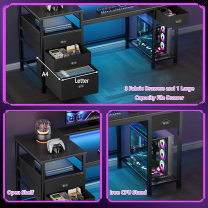 Furologee 52" Gaming Desk with 4 Drawers & LED Lights, Power Outlet, Black - color: Black, size: 52 Inch