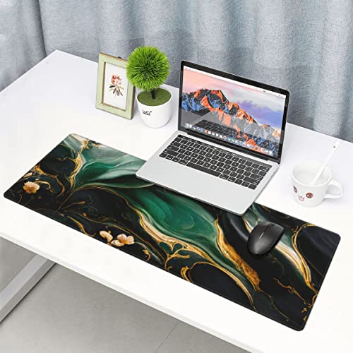 Desk Pad,Office Desk Mat 31.5"×11.8" Large Gaming Mouse Pad,Extended Computer Mouse Pad,Waterproof Thick Big Mouse Pads with Non-Slip Rubber Base Office Home Green Gold Marble Flower - color: Xl01-06 Green Gold Marble Flower, size: 31.5 x 11.8 in