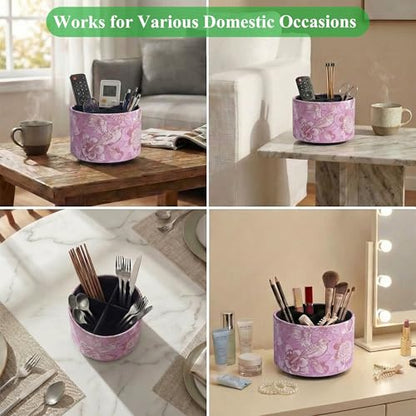 Round Leather Art Supply Organizer,Remote Control Holder,360 Degree Spinning,Multi-Functional Pencil Holder,4 Compartments Desktop Stationary Organizer(1-Purple Bird) - color: 1-Purple Bird