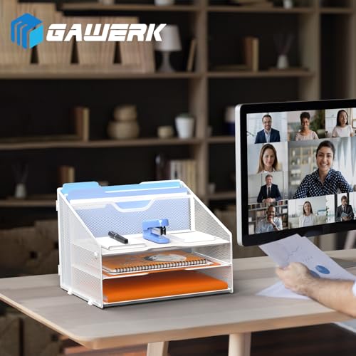 GAWERK Letter Tray Organizer, Mesh Desk File Organizer with 3 Paper Trays and 2 Vertical Upright Section (White) - color: White