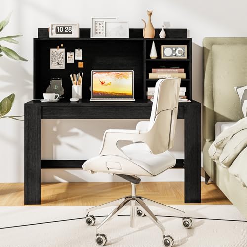 Tangkula Computer Desk with Hutch & Charging Station, Home Office Writing Study Desk with Storage Shelves, Cable Management Hole, Laptop Desk, Desk for Bedroom, Computer Workstation (Black) - color: Black