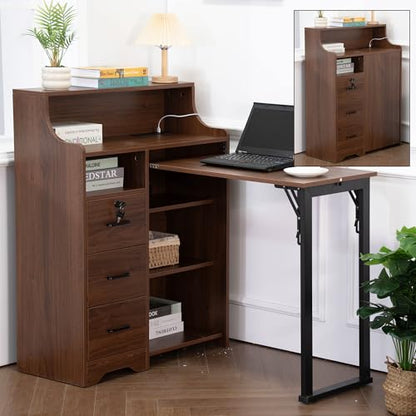 Fold Out Desk with Storage, Hidden Desk with Lockable Drawers & Shelves, Built-in Power Outlet,Folding Desk for Study and Home Office (Walnut) - color: Walnut