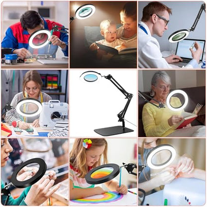 15X Magnifying Glass with Light, Real Glass Lens, 84 LEDs, 5 Color Modes Stepless Dimmable, Adjustable Swing Arm with Clamp and Base, Hands-Free Magnifier for Crafts, Reading, Repair, Close Work