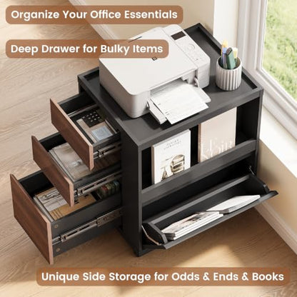 Mobile File Cabinet Under Desk with 3 Drawer, Office Storage Cabinet | Rolling Wood Printer Stand w/ Unique Side Shelf for Binders, Large Capacity Organizer for Home Office