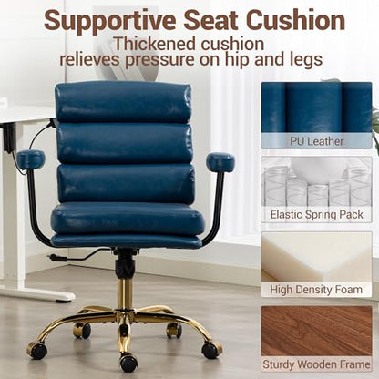 Faux Leather Home Office Desk Chair, Ergonomic Executive Computer Chair with Gold Base, Padded Seat and Armrests, Adjustable Height Swivel Makeup Vanity Chair with Wheels, Blue - color: Blue