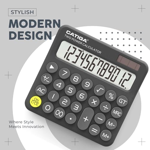 CATIGA Mechanical Switch Calculator with Solar and Battery Dual Power, 12-Digit Large LCD Display, Aesthetic and Cute Desktop Calculator with Big Button, for Home, School and Office Use, SD-1299 - color: Z) Charcoal Gray