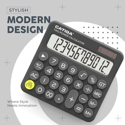 CATIGA Mechanical Switch Calculator with Solar and Battery Dual Power, 12-Digit Large LCD Display, Aesthetic and Cute Desktop Calculator with Big Button, for Home, School and Office Use, SD-1299 - color: Z) Charcoal Gray