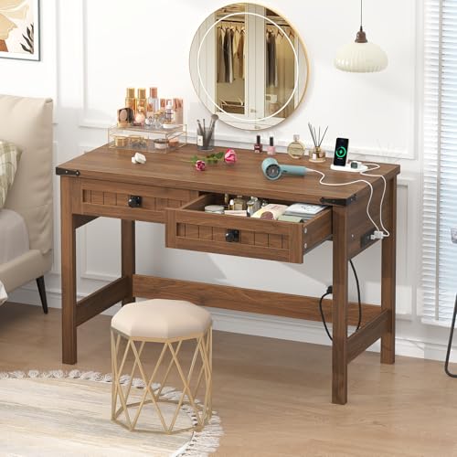 39 Inch Farmhouse Small Computer Desk with Drawers for Bedroom, Home Office - color: Brown