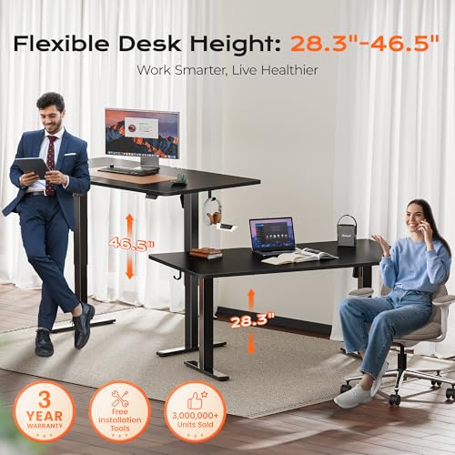 Huuger 63 x 28 Large Electric Standing Desk, Height Adjustable Computer Desk, 27.6" Deep Desktop, Stand up Gaming Office Table with 2 Hooks, 3 Preset Heights, for Home Office, Black - color: Black, size: 63*28 inch (no outlets)