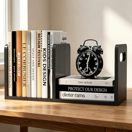 100% Solid Wood Adjustable Desktop Bookshelf with Movable Divider, Retro Tabletop Bookshelf with Convenient Handle Design for Living Room, Home, Office, Perfect for Magazine Book (Black) - color: Black