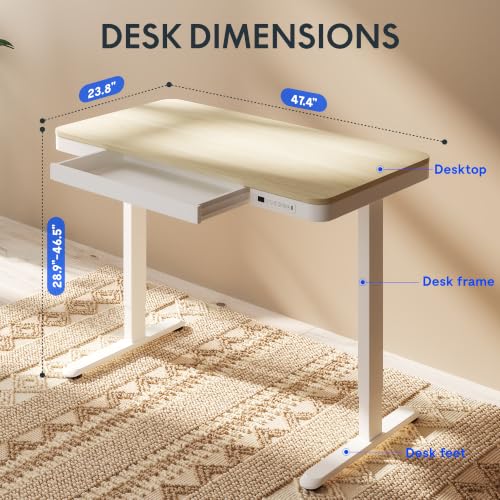 FLEXISPOT Comhar 48" Electric Standing Desk with Storage, Built-in Drawer & USB Charging Ports, Height Adjustable Sit Stand Computer Desk, Quick Assembly, Child Lock, Light Maple Finish/White Legs - size: 48"White Wood Grain