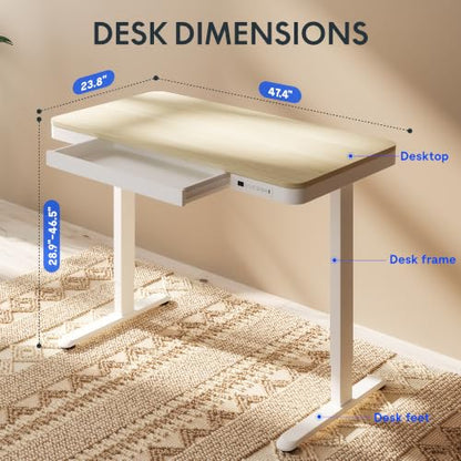 FLEXISPOT Comhar 48" Electric Standing Desk with Storage, Built-in Drawer & USB Charging Ports, Height Adjustable Sit Stand Computer Desk, Quick Assembly, Child Lock, Light Maple Finish/White Legs - size: 48"White Wood Grain