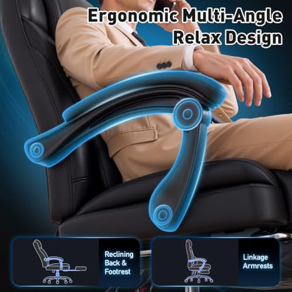 DurayLoly Big and Tall Office Chair, Retractable Footrest, 145° Recline - color: Black