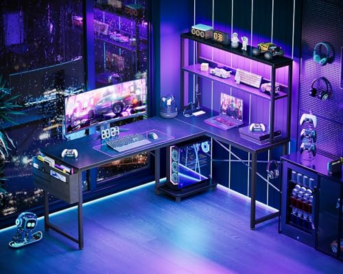 AODK L Shaped Desk Gaming Desk with LED Light & Power Outlet - color: Black, size: 61 Inch