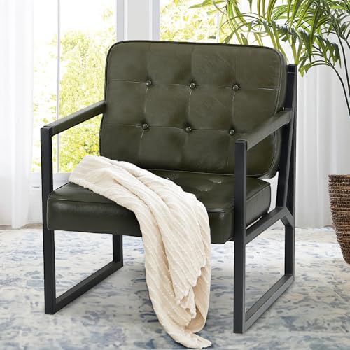 COLAMY Modern Accent Chair, Accent Arm Chair for Living Room, Comfy Leather Armchair with Metal Legs for Bedroom Reception Waiting Room, Green - color: Green, size: Set of 1