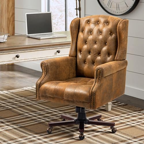 Executive Desk Chair, Ergonomic Swivel Recliner Chair,Bomber Brown | Microfiber Wingback Home Office Chair with Nail Head Trim & Tufted Back, Big and Tall Office Chair for Home and Living Room - color: Bomber Brown, style: Classic