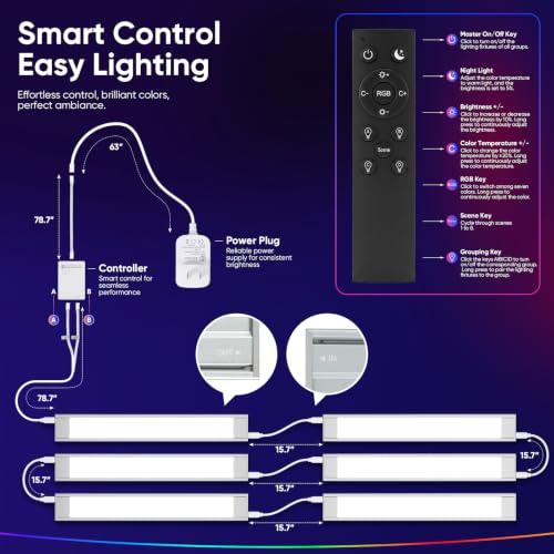 VST 6Pack RGB Under Cabinet Lighting with Adjustable White LightShelves | Ultra-Thin LED Light Bars, APP & Voice Control (Alexa/Google), Remote & Button Control, Linkable Lights for Kitchen Cabinets
