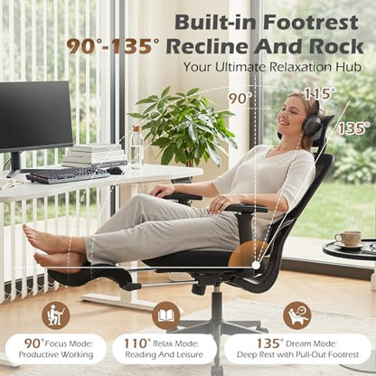 Ergonomic Office Chair with Footrest and Dynamic Lumbar Support, Black | Reclining high-back computer chair, memory foam seat, 4D armrests, 2D headrest, mesh desk chair for home office, long hours - color: Black