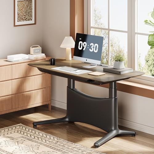COLAMY Electric Standing Desk 55x28 Inch, Wobble-Free Dual Motor Sit Stand Up Home Office Computer Desk, One Piece Motorized Workstation Gamer Studio Table, Outlets & Footrest,Walnut Black - color: Walnut + Black
