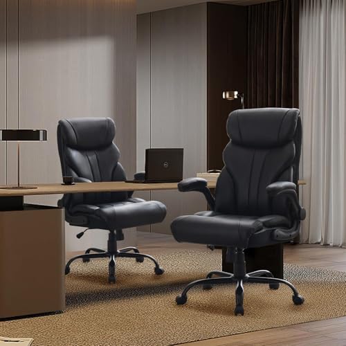 Office Chair 500 LBS, Heavy Duty Executive Leather Desk Chair with Adjustable Flip-Up Armrests, 100-118° Recline, Ergonomic Computer Chair for Heavy People Long Hours Work, Black - color: Black