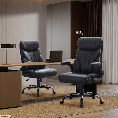 Office Chair 500 LBS, Heavy Duty Executive Leather Desk Chair with Adjustable Flip-Up Armrests, 100-118° Recline, Ergonomic Computer Chair for Heavy People Long Hours Work, Black - color: Black