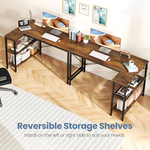 DUMOS L Shaped Computer Desk, 39" Gaming Corner Desks with Shelves | Home Office PC Table, Writing Working Study Desk with Reversible Layout, Bedroom Dorm, Rustic Brown