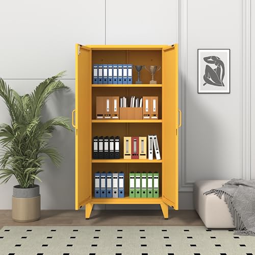 61" Yellow Steel Locking Cabinet, Tall Metal Storage Locker with 3 Adjustable Shelves, Secure Organizer Cabinet for Home Office, Garage, Classroom - color: Yellow, style: 61"H-Cabinet-CX