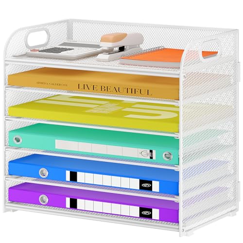 Cawukege 6-Tier Paper Organizer, Letter Tray with Handle, Mesh Desk Organizer, Metal File Organizer, Office Desk Accessories for Home, Office, Classroom, School (1, White - 6 Tier, 12.6"x9.2"x13.4") - color: White - 6 Tier
