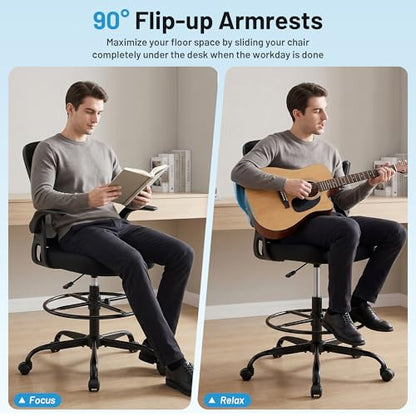 Drafting Chair for Standing Desk, Tall Office Chair with 22"-30" Seat Height &7" Lift Footrest Ring, Ergonomic Executive Mesh Computer Counter Stool with Lumbar Support &Flip-up Arms for Artist - color: Black