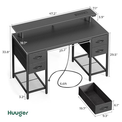 Huuger 47 inch Computer Desk with Power Outlets & 4 Drawers - color: Carbon Fiber Black, size: 47 Inch