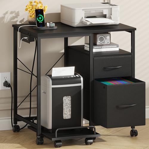 YAOHUOO Printer Stand with Power Outlet/Drawers, Printer and Shredder Stand | 25.6"x17.7"Top,Storage Filing Cabinet,Fabric Drawers,Rolling Table Cart with Lockable Wheels or Feet,Home Office,Black - color: Black, size: 25.6"×18"