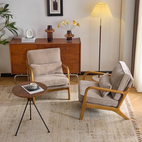 VINGLI Chenille Mid-Century Modern Accent Chair Set of 2, Cute Reading Arm Chair with Cushion & Lumbar Pillow & Solid Wood Frame for Lounge, Living Room, Reading Room, Bedroom, Light Khaki - color: Light Khaki