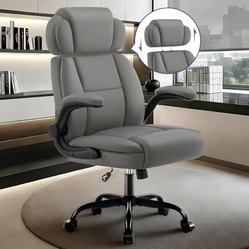 Ergonomic Office Chair with Lumbar Support, 400lbs Heavy Duty Big and Tall Executive Desk Chair, PU Leather High Back Computer Chair with Flip-Up Arms & Adjustable Headrest, Gray - color: Grey, size: Adjustable Headrest Office Chair