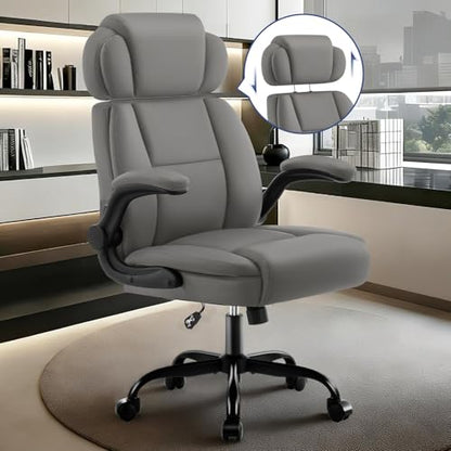 Ergonomic Office Chair with Lumbar Support, 400lbs Heavy Duty Big and Tall Executive Desk Chair, PU Leather High Back Computer Chair with Flip-Up Arms & Adjustable Headrest, Gray - color: Grey, size: Adjustable Headrest Office Chair