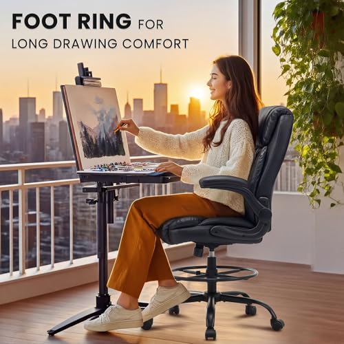 MAHOMICO Drafting Chair for Standing Desk – Tall Office Chair with Adjustable Height & Foot Ring, Flip-Up Arms, Lumbar Support – Comfortable Leather Seat, Ideal Home Desk Chair - color: Leatherblack