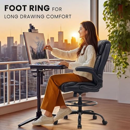 MAHOMICO Drafting Chair for Standing Desk – Tall Office Chair with Adjustable Height & Foot Ring, Flip-Up Arms, Lumbar Support – Comfortable Leather Seat, Ideal Home Desk Chair - color: Leatherblack