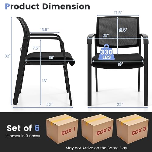 COSTWAY Stackable Office Guest Chairs Set of 6 with Armrests, No Wheels | Conference Room Chairs with Mesh Backrest and Upholstered Seat, Ergonomic Waiting Room Chairs for Office Home Reception Area - size: 6 Pack, style: No Wheels