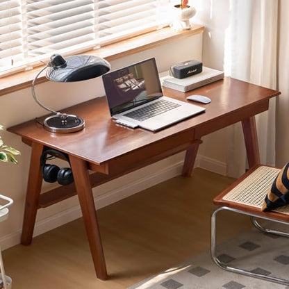 100% Solid Rubber Wood Desk Home Office Desk Mid Century Modern Writing Computer Desk with Drawer for Home Office 47" - color: Teak-rubberwood, size: 47.24"W