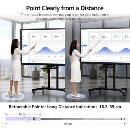 N21 Bluetooth Presentation Clicker for PowerPoint with Retractable Pointer | ①Laser Pointer②Telescopic touch pen③Countdown timer, vibration alert ④Customizable Button ⑤Rechargeable;battery level display - color: Purple - Green Pointer