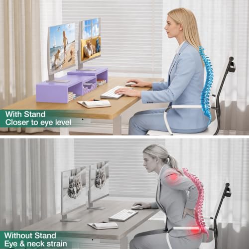 OPNICE Dual Computer Monitor Stand Riser, Desk Organizer with Drawer, Office Desk Accessories & Workspace Organizers for Home Office Supplies, Purple - color: Purple