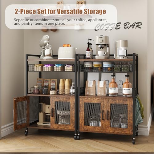 Hencawima Coffee Bar Cabinet, 3 Tier Coffee Station Table on Wheels, 35.9" H Bar Cart with Wire Basket Drawer & 5 Hooks for Home Kitchen, Liquor Buffet Sideboard Cabinet (Rustic Brown) - size: Large