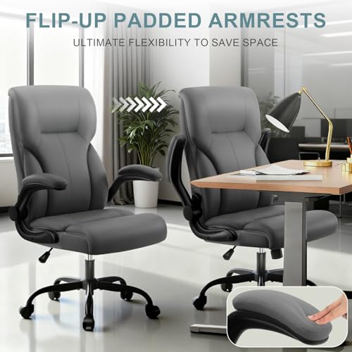 Executive Office Chair,High Back Ergonomic Comfy Desk Chair with Padded Flip-up Armrests and Wheels,PU Leather Heavy Duty Computer Swivel Rolling Task Chair for Home Office,Adults,Gray - color: Grey