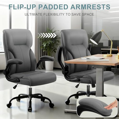 Executive Office Chair,High Back Ergonomic Comfy Desk Chair with Padded Flip-up Armrests and Wheels,PU Leather Heavy Duty Computer Swivel Rolling Task Chair for Home Office,Adults,Gray - color: Grey