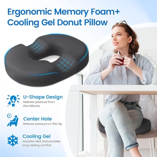 Donut Pillow Seat Cushion, Cooling Gel Memory Foam Chair Cushion, Grey - color: Gray, size: X-Large