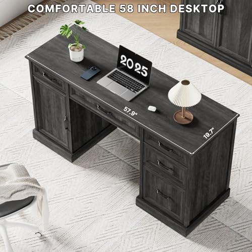 Tradare 58" Farmhouse Executive Desk, Wood Home Office Desk with Drawers & File Cabinet, Embossed Texture Storage Organizer Computer Desk for Working, Studying, Writing, Gray