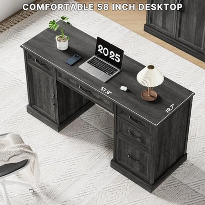 Tradare 58" Farmhouse Executive Desk, Wood Home Office Desk with Drawers & File Cabinet, Embossed Texture Storage Organizer Computer Desk for Working, Studying, Writing, Gray